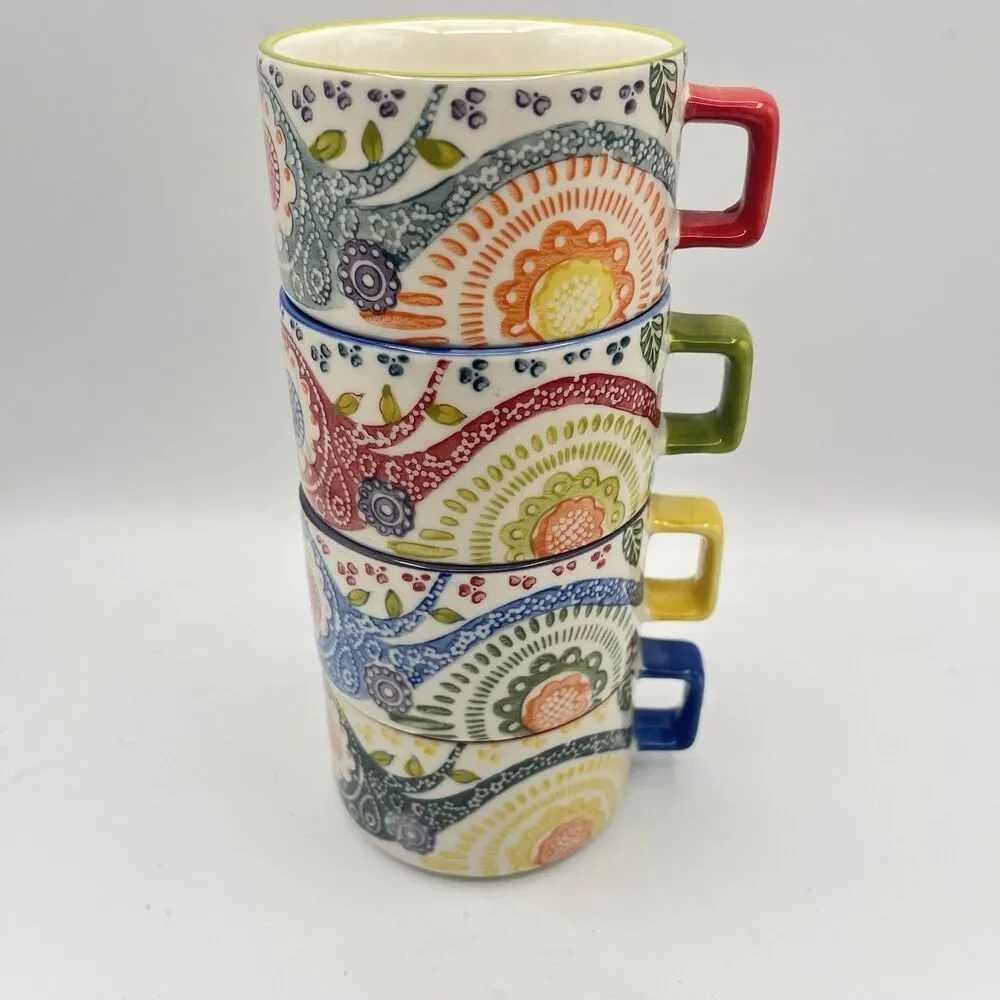 Set Of 4 PIER 1 Paisley Stackable Coffee Tea Mugs Stoneware Hand Painted Boho